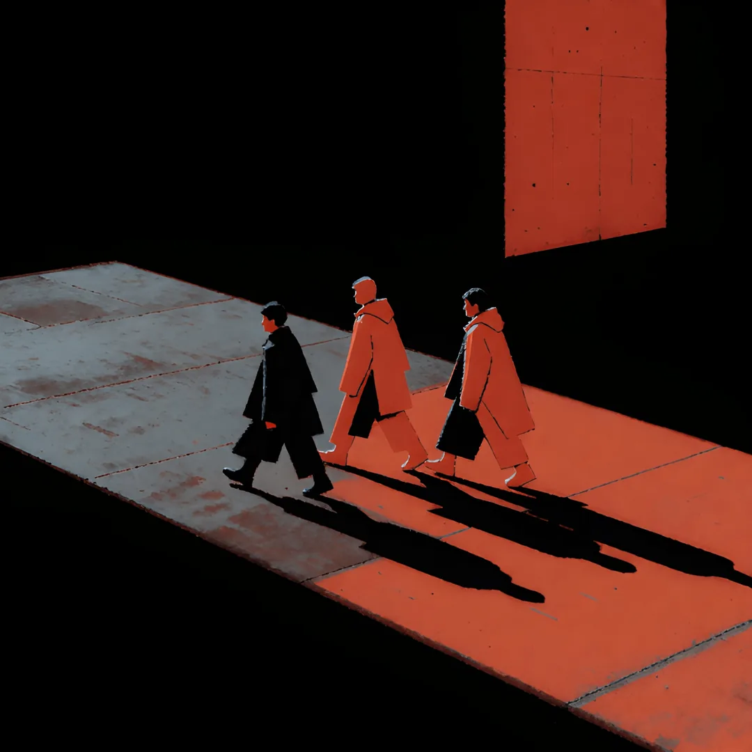 Three figures crossing a band of hard light, their shadows thrown long behind them.